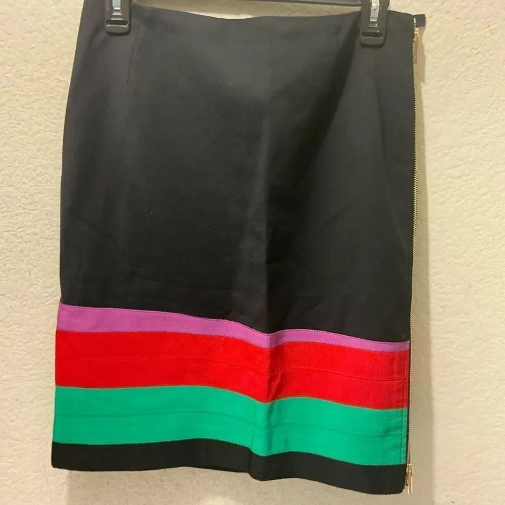 Carlisle Black Pencil Skirt with Pink, Red and Green Hem Stripes size 4